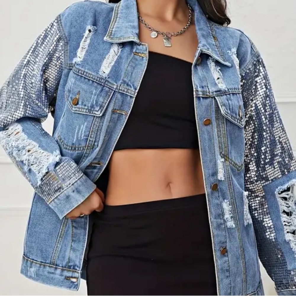 Oversized sequins denim jacket